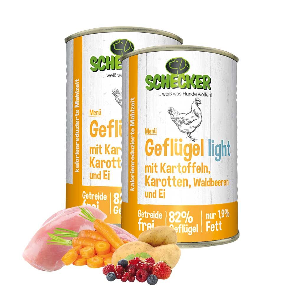 Schecker Hundemen - Geflgel light mit Kartoffeln, Karotten, Waldbeeren & Ei