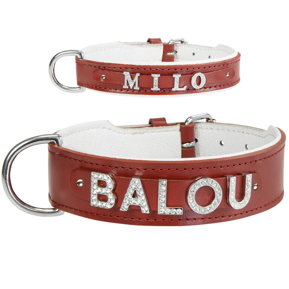 Schecker - MyName Leder-Halsband, rot [25 cm x 12 mm - Buchstabentyp: Cowboy]