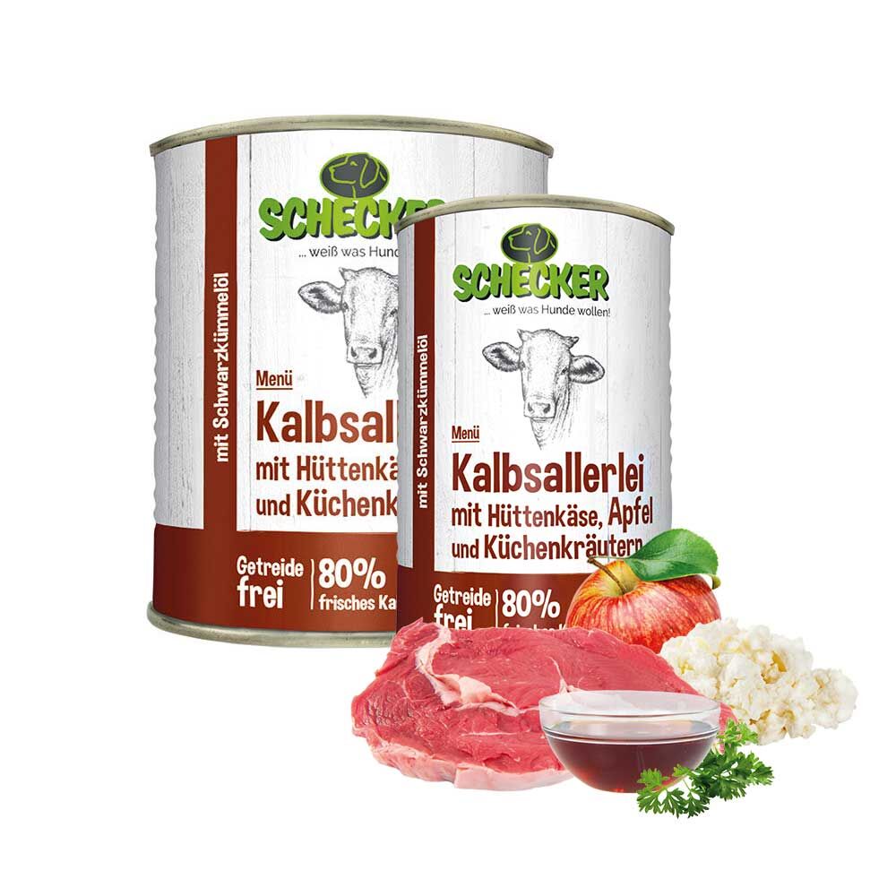 Schecker Hundemenü Kalbsallerlei mit Hüttenkäse, Apfel und