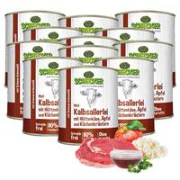 Schecker Hundemenü - Kalbsallerlei mit Hüttenkäse, Apfel und Küchenkräutern Schecker Hundemenü - Kalbsallerlei mit Hüttenkäse, Apfel und Küchenkräutern
