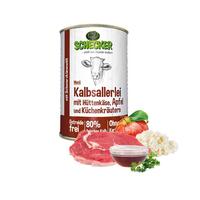 Schecker Hundemenü - Kalbsallerlei mit Hüttenkäse, Apfel und Küchenkräutern Schecker Hundemenü - Kalbsallerlei mit Hüttenkäse, Apfel und Küchenkräutern