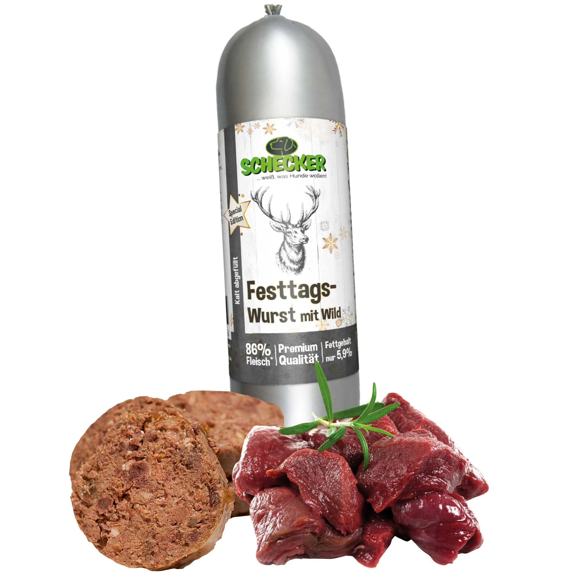 Schecker Hundesnack Festtags-Wurst mit Wild 400g